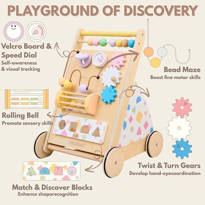 Wooden Baby Walker, Montessori Push Walker｜Busy Board for Fine Motor Skill Development｜Upgraded 2.0 Brake System Speed Control & Full Stop｜Baby Walker with Wheels for Boys and Girls 1+yr