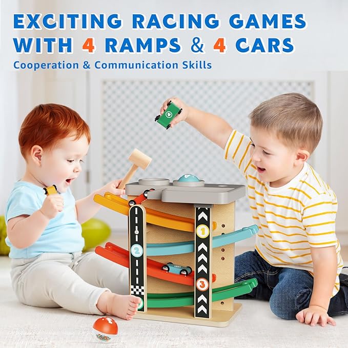 2-in-1 Pound Ball Toddler Toy Wooden Car Ramp Race Track Ball Drop Baby Toy Set Gift for 1 2 3 Year Old Boys Girls Montessori Developmental Learning Activity Interactive Cause Effect Birthday Present