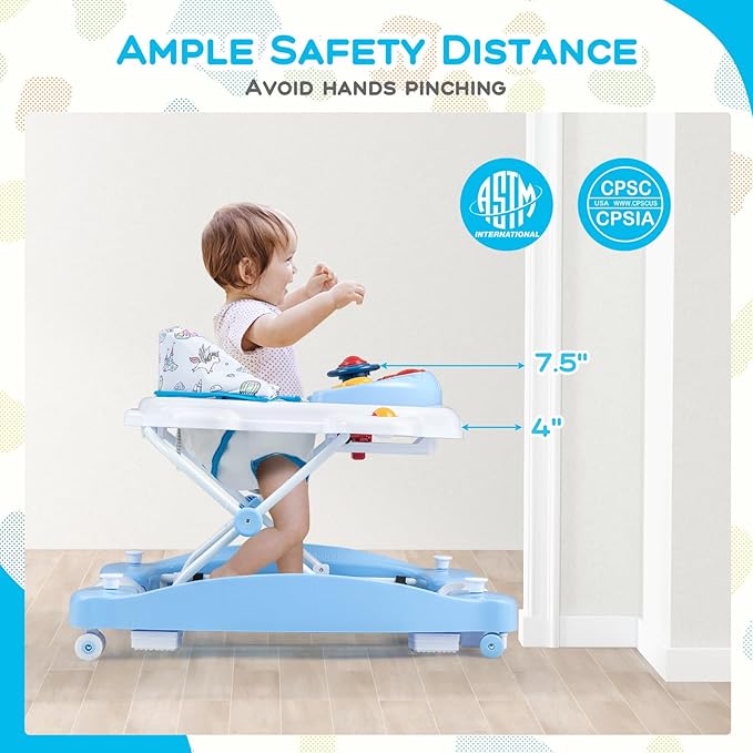 BABY JOY 6-in-1 Baby Walker, Foldable Baby Walker with Wheels, Adjustable Height, Music, Lights, Bouncer & Rocker Mode, Baby Walkers for Boys Girls 6-14 Months (Blue)