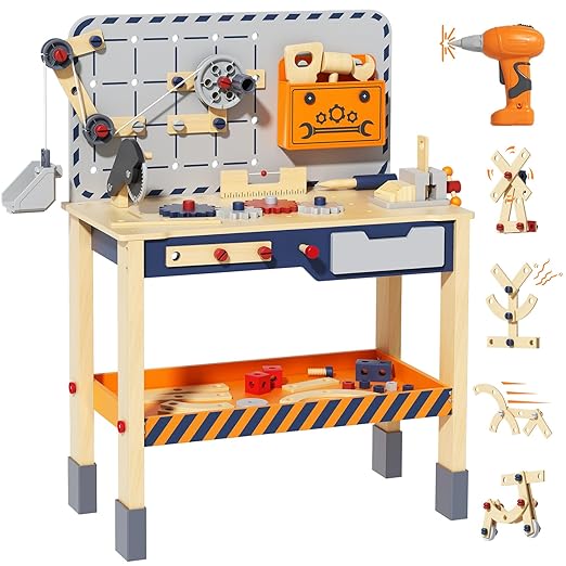 BIERUM Kids Tool Bench - Wooden Toddler Tool Bench with Electric Drill, Kids Workbench Playset with Realistic Tools, Tool Bench for Kids Ages 1-3 3-5, Pretend Play Construction Toy Gift for Toddler