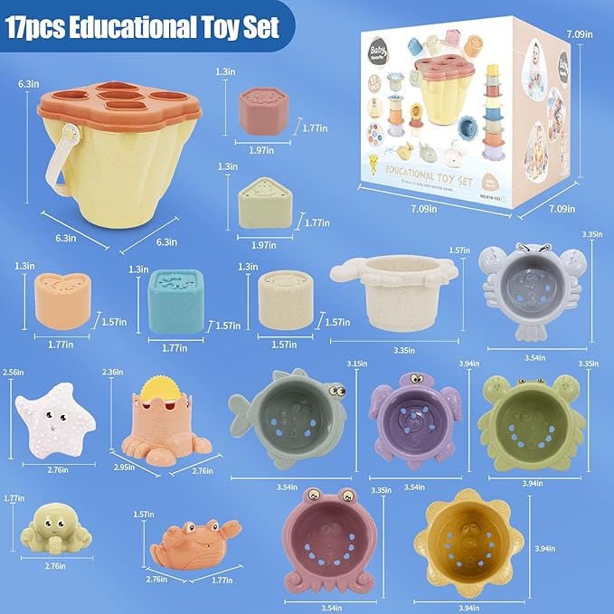 Stacking Toy for Toddler 1-3, 4 in 1 Montessori Sensory Toys, Shape Sorter for Sand Bath Play, Infant Learning Color Sorting Toy for Fine Motor Skills, Birthday Gift for Baby Boys Girls 1 2 3