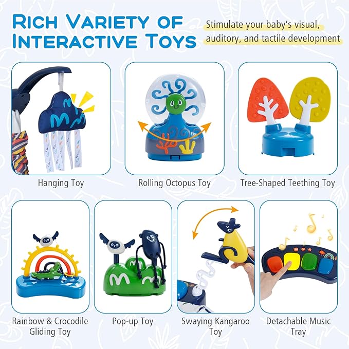 BABY JOY Baby Activity Center, Baby Jumpers and Bouncers with Music, Lights, 360° Rotating Seat, 3 Adjustable Heights, Montessori-Inspired Activity Center for Baby 6 Months + (Blue)