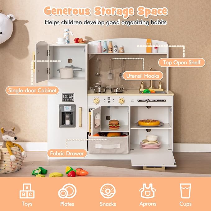 HONEY JOY Kids Kitchen Playset, Wooden Toy Kitchen Set with Lights & Sounds, Microwave, Ice Maker, Storage Box, Interactive Little Chef Pretend Play Kitchen for Toddlers, Gift for Boys Girls (White)