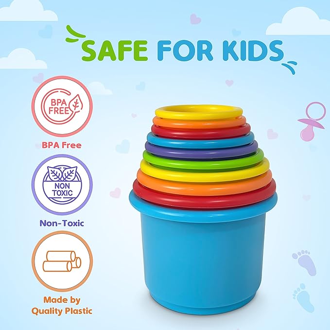 KIDSTHRILL Rainbow Colors Baby Stacking Cups for Toddlers, Tall Baby Stacking Toys Nesting Cups, Drain Holes for Bath Toys, Educational & Motor Skills Sorting & Nesting for 1 2 3 Years Old
