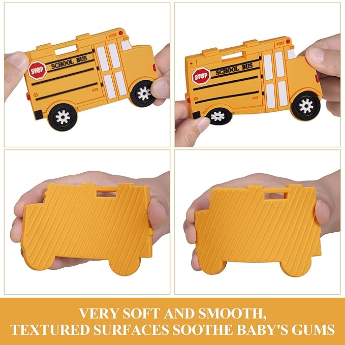 Baby Food Grade Silicone Carrier Vehicle Teether Toy with Pacifier Clip Holder,Teething Toys Gift Set for 3 Months+ Boys and Girls,Freezer Safe,BPA Free.(School Bus)