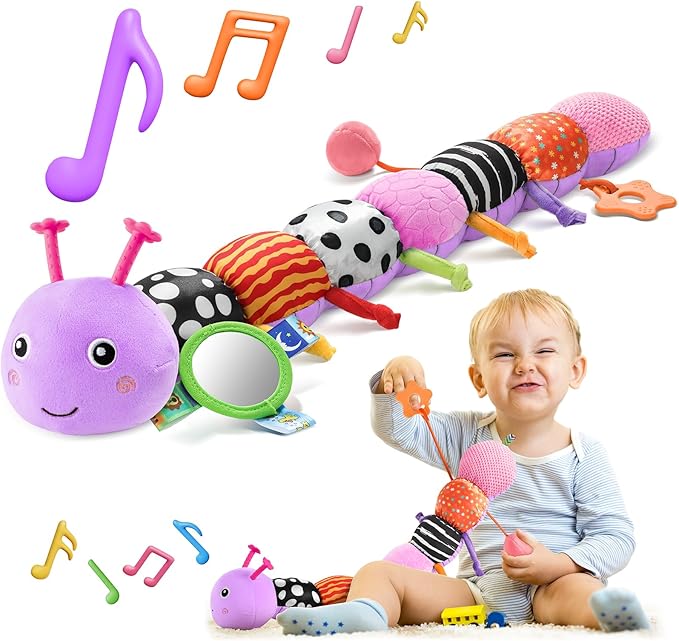 HEMRLY Baby Sensory Toy 0-6 Months, Musical Stuffed Caterpillar Plush with Teether, Crinkle, Rattle, Baby Mirror for Tummy Time,Infant Car Seat Toy for 0-3-6-12 Month Boys Girls Gifts- Knotted Purple