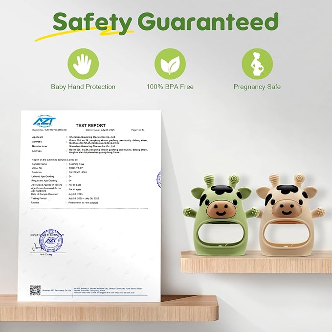 TOHIBEE 2 Packs Baby Teething Toys for 0-6 6-12 Months, Food Grade Silicone Adjustable Cow Teething Mitten, Chew Teether Toys for Teething Pain Relief, Baby and New Born Essentials, Green & Beige