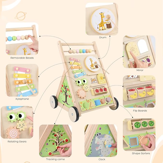 Wooden Baby Walker with Wheels Push Walker for Babies 6-12 Months Toddlers Montessori Walking Toys for 1 Year Old Learning to Walk Activity Center for 12-18 Months Boys Girls Gifts Color Sorting Toys