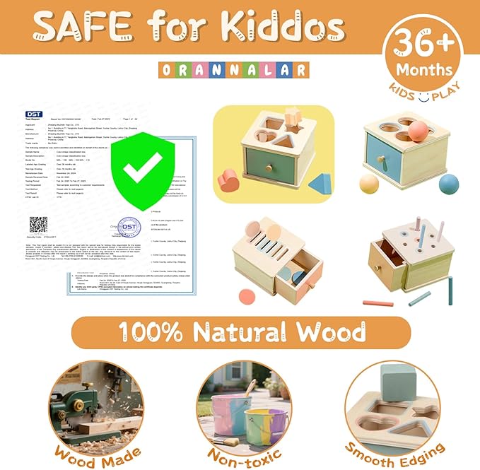 Montessori Toys for 2 3 4 5 Year Old - Wooden Object Permanence Box with Drawer Sensory Toys Shape Sorter Color Sorting Education for Baby Toddler Boy Girl Drop Busy Box (B-Blocks)