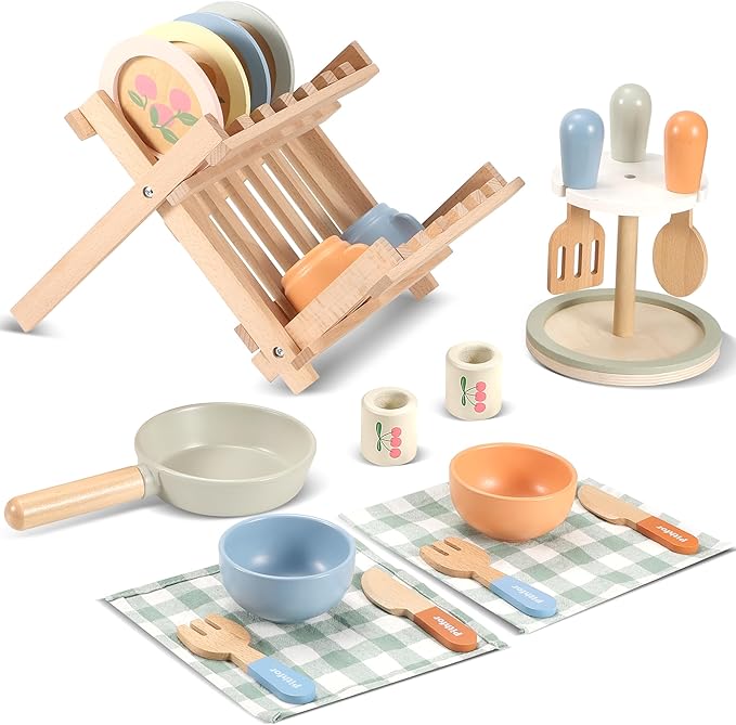 Wooden Play Cookware Set, Pretend Play Kitchen Accessories Toys Set for Kids Toddlers, Including Play Dishes, Pan, Tableware, Utensils