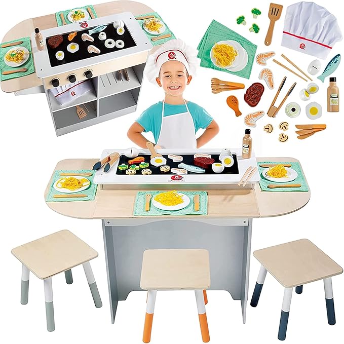 Hibachi Grill Wooden Kids Playset w Stools, Table Settings, 25+ Toy Food Pieces- Noodles Tongs Meats Veggies- Everything Little Chef Needs for Pretend Play, Indoor Japanese Restaurant Stand, Xmas Gift