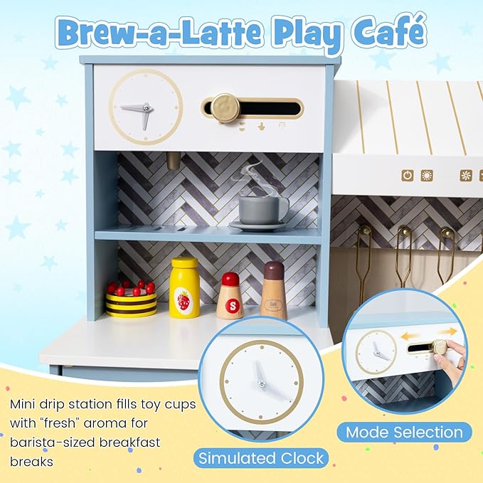 HONEY JOY Play Kitchen, Wooden Toy Kitchen Set with Coffee Maker, Microwave, Range Hood, Ice Maker, Stove, Dish Rack, Cookware, Pretend Play Kids Kitchen Playset for Toddler Boys Girls (Blue)