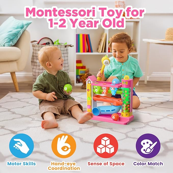 Musical Ball Drop Toys for 1 Year Old Girl Gifts, Eductional Baby Toy 12-18 Month Toddler Toy Age 1-2, First Birthday Gift for 1 Year Old Girl Boy, Infant Toys for 9-12-18 Month Olds (Pink)