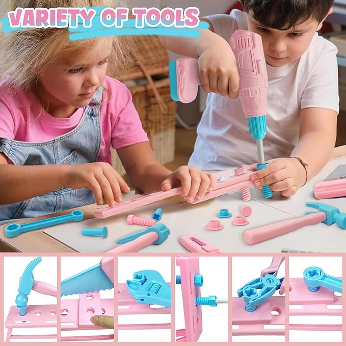 Kids Tool Set 55Pcs Tool Box Toddler Tool Kit for Girls Play Tools Toy with Tool Belt Electronic Toy Drill Safety Vest Pretend Play Construction Toy for Girls Boys Ages 3 4 5 6 7 Years Old