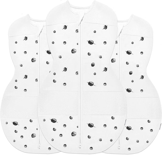 Happiest Baby Sleepea 5-Second Swaddle - 100% Organic Cotton Baby Swaddle Blanket - Doctor Designed Promotes Healthy Hip Development - 3-Pack Newborn Bundle (Ivory Planets, 2 x Small, 1 x Medium)