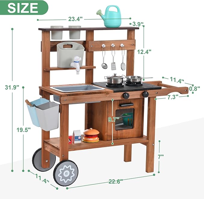 OLLIKIVI Mud Kitchen for Kids Outdoor, Wooden Play Kitchen with Removable Sink, Faucet, Storage Shelves, Backyard Garden Toddler Kitchen Playest, Kitchenware, Stove, Gift for Boys and Girls