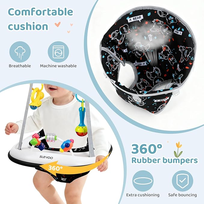 Slevoo Baby Jumper, Baby Door Jumper with Bumper, Play Tray and Two Jingle Rattles, Quiet Bear