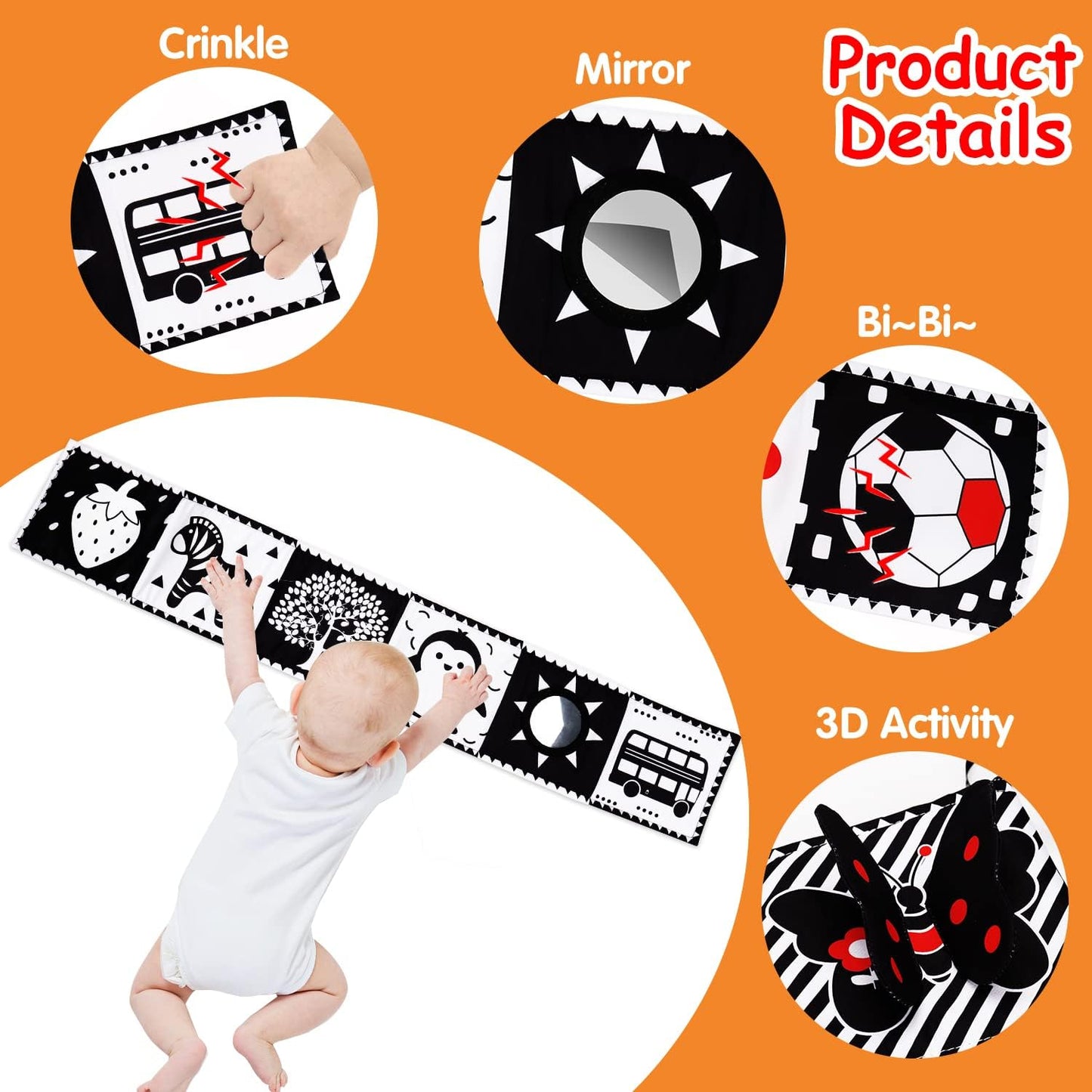Thremhoo Black and White High Contrast Baby Toys 0-6 Months Soft Book for Brain Development, Tummy Time, Sensory, Montessori Learning Activities