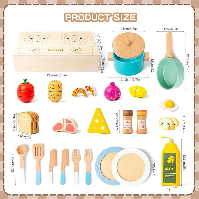 Wooden Play Cooking Set,27pcs Pretend Play Food Toys Set for Kids Toddlers, Wooden Kitchen Accessories Toys Set ,Cooking Toys with Play Dishes,Pot and Pan,Utensils,Gifts for 3 4 5 Years Old Girls Boys