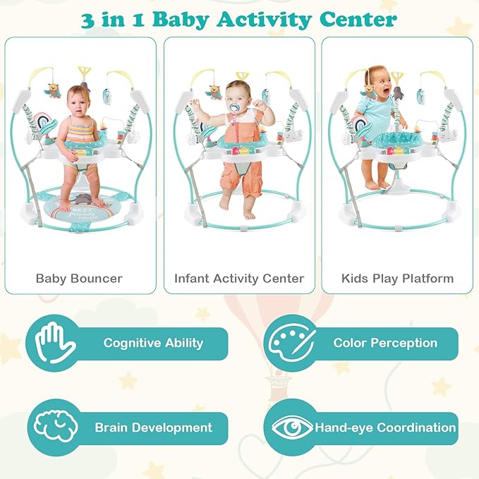 HONEY JOY Baby Bouncer Activity Center, Infant Jumper and Table w/ 360° Rotary Seat, 3 Adjustable Heights, Mat, Music, Lights, Sounds & Developmental Toys, Activity Center for Babies 6+ Months, Blue