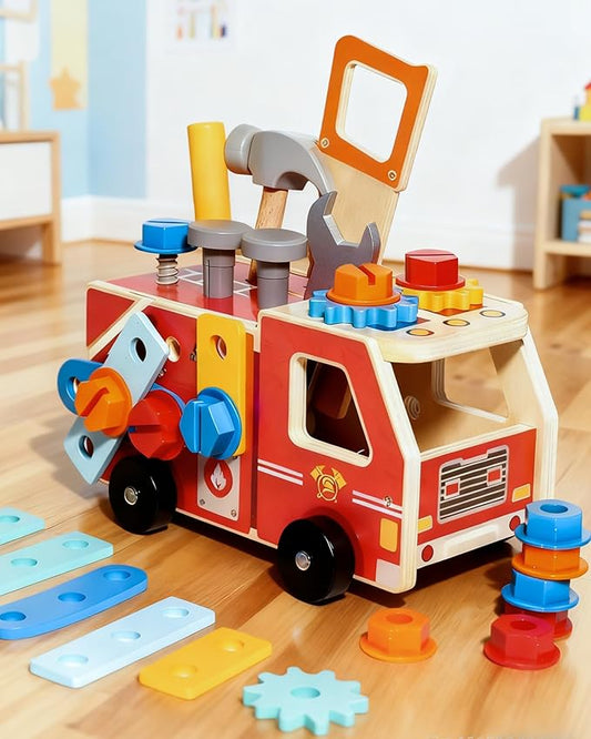 33-Piece Wooden Tool Set for Toddlers, Fire Truck Toolbox & Workbench Montessori Toys for 3-6 Year Olds, STEM Educational Pretend Play Tools, Construction Learning Gift for Boys Girls