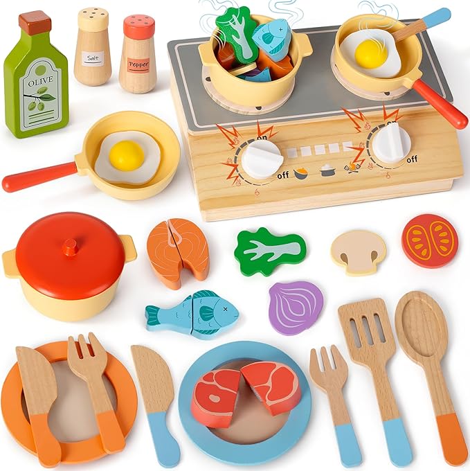Play Kitchen Accessories, Wooden Pretend Play Cooking Playset with Interactive Sound and Storage Stove, Pots & Pans, Cuttable Play Food, Kitchen Toys for Kids Toddlers Girls Boys