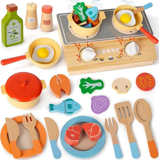 Play Kitchen Accessories, Wooden Pretend Play Cooking Playset with Interactive Sound and Storage Stove, Pots & Pans, Cuttable Play Food, Kitchen Toys for Kids Toddlers Girls Boys