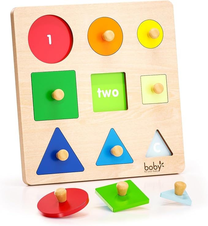 Montessori Puzzles for Babies 12-18-24 Months, Wooden Jumbo Knob Peg Puzzle Shape sorter for Toddlers 1-3 Year Old, Early Learning Sensorial Toys (Shapes & Size Sorting Puzzle)
