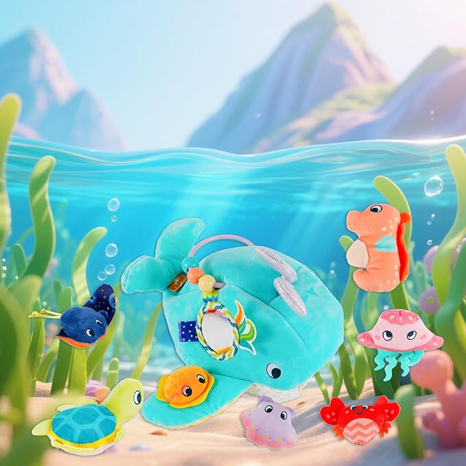 Soft Rattle Montessori Baby Toys 6-12 Months, Soft Barn Ocean Playhouse with 6 Stuffed Animals, Sensory Development Activity, Toddler Learning Toys (Ocean Whale)