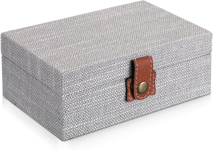 Hipiwe Jewelry Storage Box Treasure Chest Wooden Box with Linen Covered Rectangular Gray Keepsake Case with Clasp Dcorative Photo Storage Organizer for Women Gift, Small