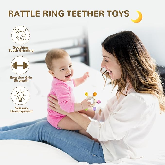 Hooku Silicone Teethers for Babies 6-12 Months, Teething Toys for Babies 0-6 Months, Baby Rattles Teethering Rings, BPA Free Baby Chew Toys, Gifts for Babies