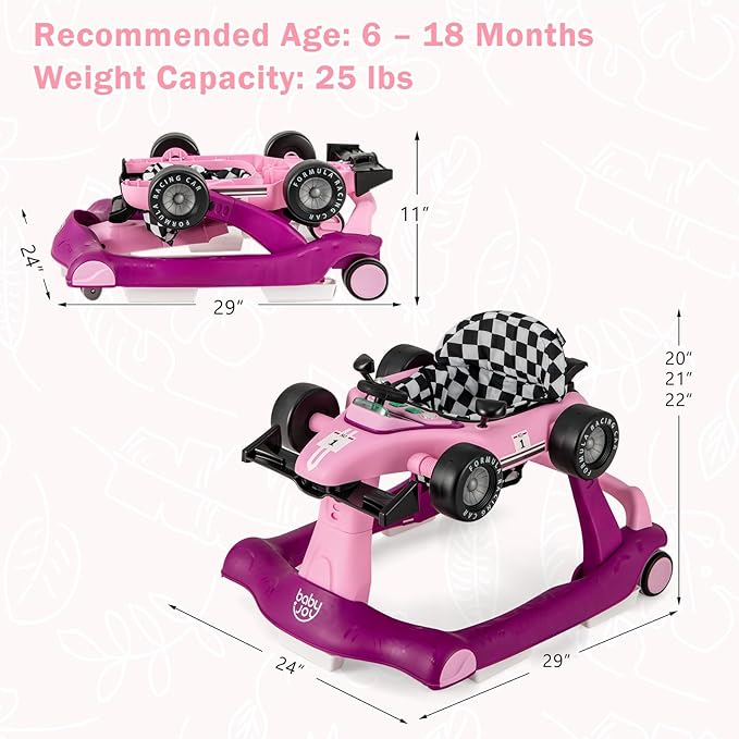 BABY JOY 4-in-1 Baby Walker, Foldable Activity Walker with Adjustable Height & Speed, Music, Lights, Anti-Rollover, Toddler Push Walker, Baby Walker with Wheels for Boys Girls 6-18 Months (Purple)