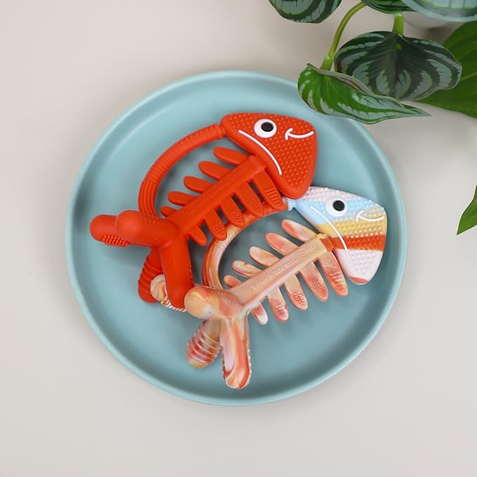 3 in 1 Infant Toys, Baby Teething Toys 3–6 6–12 Months, Teethers for Babies 0–3–6–12 Months for Teething Relief, Baby Gift, Baby Teether Toys, Silicone Sensory Toys, USA Patent Pending, Fish (Coral)