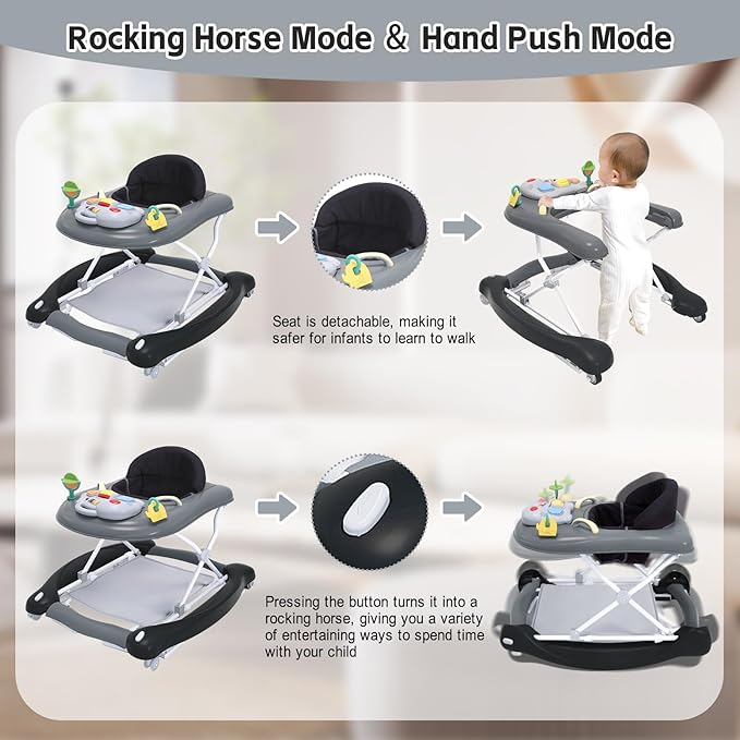 5 in 1 Foldable Baby Walker,Activity Baby Walker-Baby Bouncer,Rocker,Activity Center,Seat and Push Walker,Detachable Footrest Mat,Adjustable Speed Rear Wheels and Height,Ages 6-18 Months (Black)