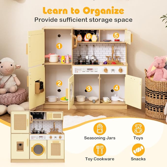 HONEY JOY Play Kitchen, Rattan Design Wooden Toy Kitchen Set for Toddlers, Stove with Lights & Water Dispenser, Range Hood, Cookware, Pretend Play Kids Kitchen Playset, Gift for Boys Girls (Yellow)