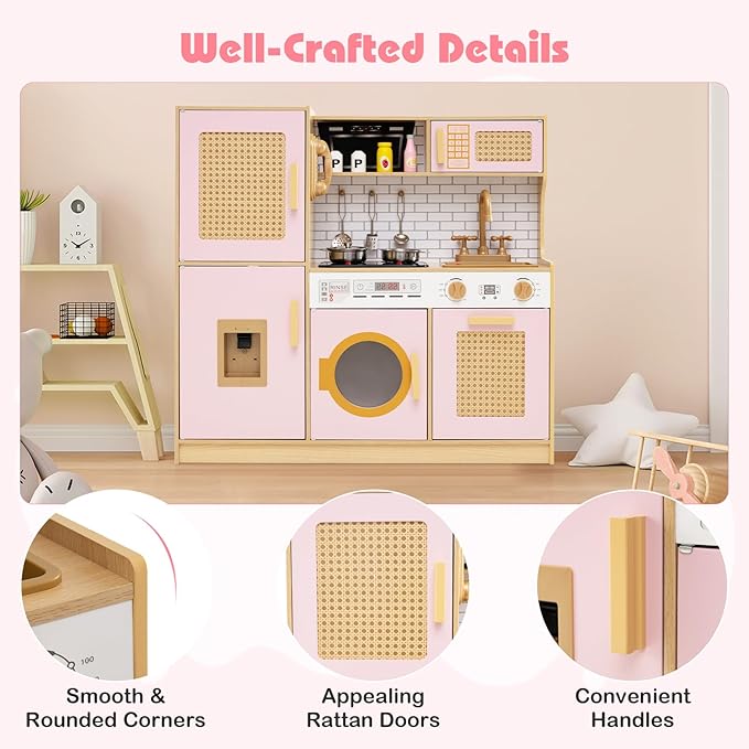HONEY JOY Play Kitchen, Rattan Design Wooden Toy Kitchen Set for Toddlers, Stove with Lights & Water Dispenser, Range Hood, Cookware, Pretend Play Kids Kitchen Playset, Gift for Boys Girls (Pink)