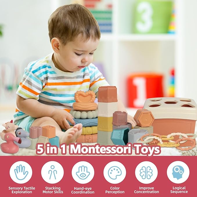 Shape Sorter Baby Toys 5 in 1 Montessori Toy, Shapes for Sorting Play for Infants Ages 6-48 Months, Stack & Count Cups, Rings Toy Links, Sensory Learning Toy Set Babies Birthday Gift