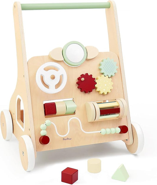 PairPear Wooden Baby Walker with Wheels, Baby Sit-to-Stand Baby Walker & Activity Cart, Montessori Activity Walker Busy Board for Baby Boys Girls 12m+(Sage Green)