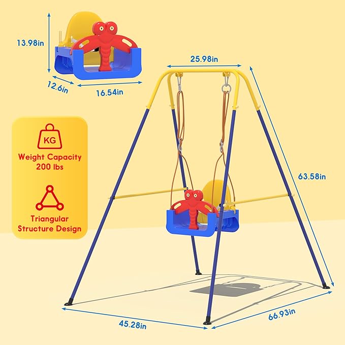 3-in-1 Toddler Swing Set, Baby Swing with Safety Belt, Indoor/Outdoor, Easy to Assemble Kids Swing Seat with Sturdy Metal Stand for Playground, Backyard and Nursery, Blue Yellow