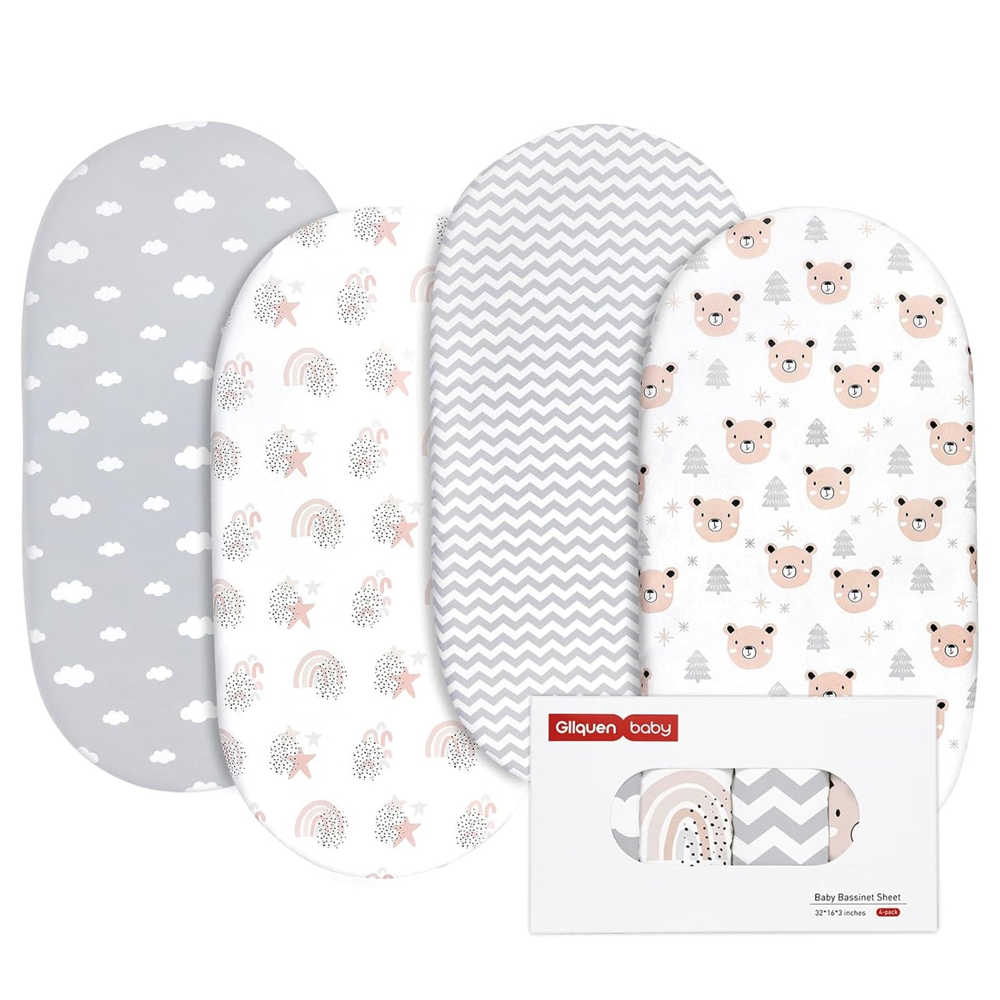 Gllquen Baby Bassinet Sheets 4 Pack, Breathable Cozy Fitted Mattress Sheet, Elastic Travel Crib Fashionable Pattern, Standard Cradle Safe Sheets for Baby Boys Girls 32"x16"(Rainbow)