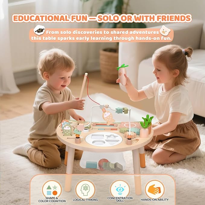 Wooden Activity Table, 9-in-1 Montessori Sensory Play Table with Shape Sorter Fishing Game Bead Maze, Baby Activity Center Learning Toys for Toddler