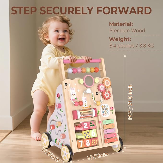 Baby Push Walker, Wooden Baby Walker with Wheels, Montessori Activity Center for 1 2 3 Years Old Boys Girls, Adjustable Speed & Height Push Toy for Toddler Learning to Walk, Gift for Kids Development