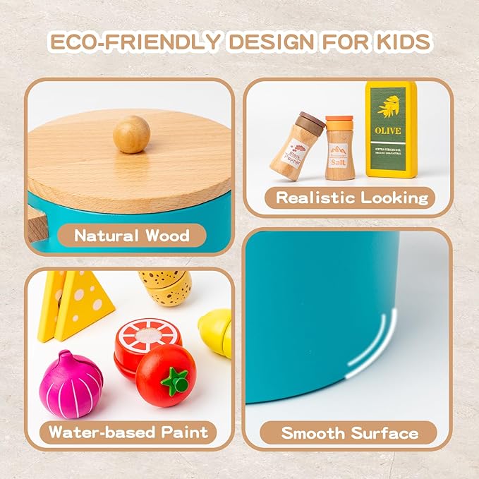 Wooden Play Cooking Set,27pcs Pretend Play Food Toys Set for Kids Toddlers, Wooden Kitchen Accessories Toys Set ,Cooking Toys with Play Dishes,Pot and Pan,Utensils,Gifts for 3 4 5 Years Old Girls Boys