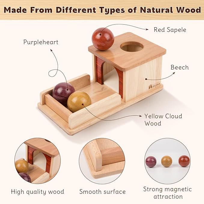 Adena Montessori Wooden Toy for 6-12 Month Baby 3 Balls,Object Permanence Box Made of Natrual Wood, Colorful Learning Education Toy for Toddler Kid 1-2 Year Old, Preschool Developmental Gift Typical