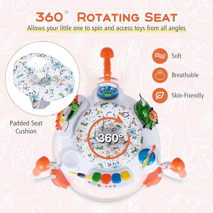 BABY JOY Baby Activity Center, Baby Jumpers and Bouncers with Music, Lights, 360° Rotating Seat, 3 Adjustable Heights, Montessori-Inspired Activity Center for Baby 6 Months + (Orange)
