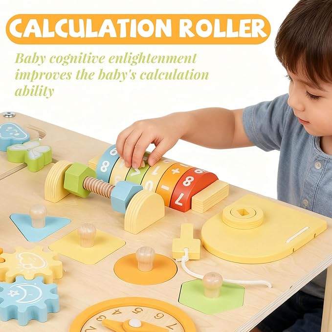 Wooden Activity Table for Toddlers – 8-in-1 Multi-Color Montessori Activity Center&Baby Activity Cube with Bead Maze, Shape Sorter, Gears, Math & Clock Toys,Educational Gift for 1 Year Old Boys Girls