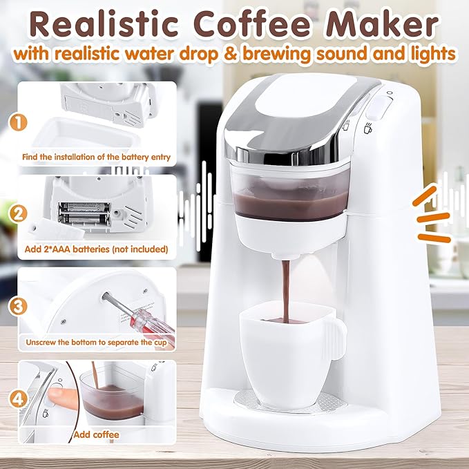 Play Kitchen Appliances Toys, Kids Kitchen Playset Accessories, Pretend Play Toy Sets with Coffee Maker, Mixer, Toaster with Realistic Lights & Sounds, Gifts for Boys Girls Toddlers Ages 3+, White