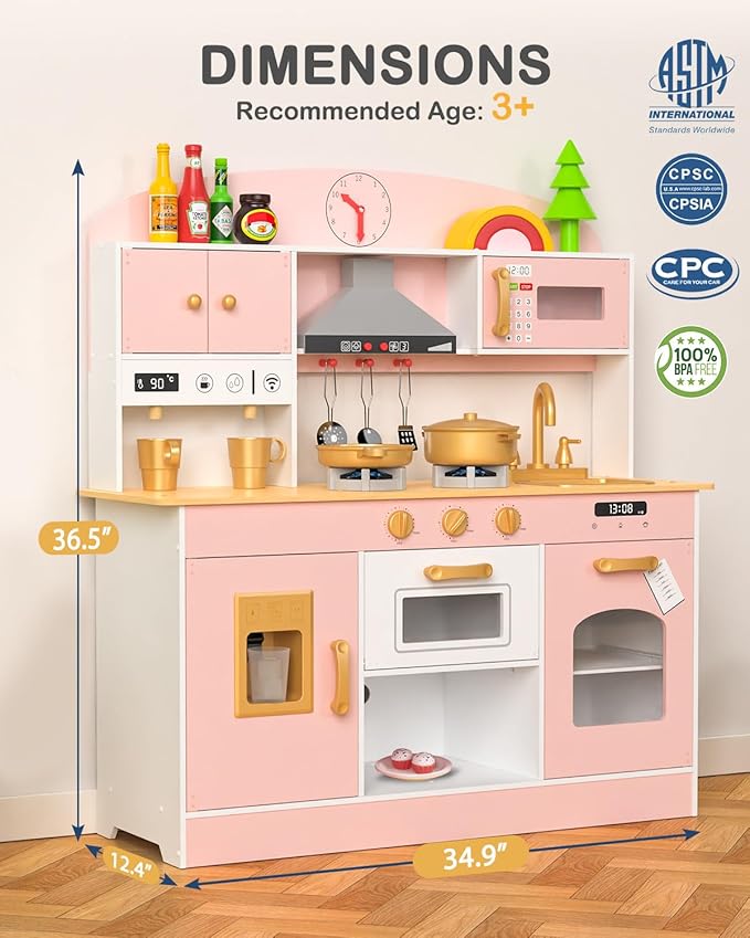 Babytronic Wooden Play Kitchen Set, Pretend Play Kitchen with Lights and Sounds for Kids Ages 3+, Includes Stove, Oven, Microwave, Coffee Maker, and Accessories, Toy Kitchen Set for Toddlers (Pink)