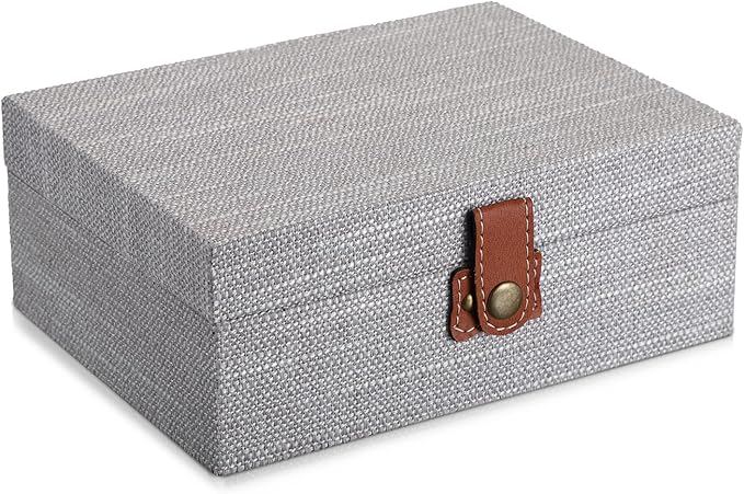 Hipiwe Decorative Jewelry Storage Box Gray Wooden Case with Linen Covered Treasure Chest for Women Gift Photo Organizer with Clasp Keepsake Box Home Decor, Medium