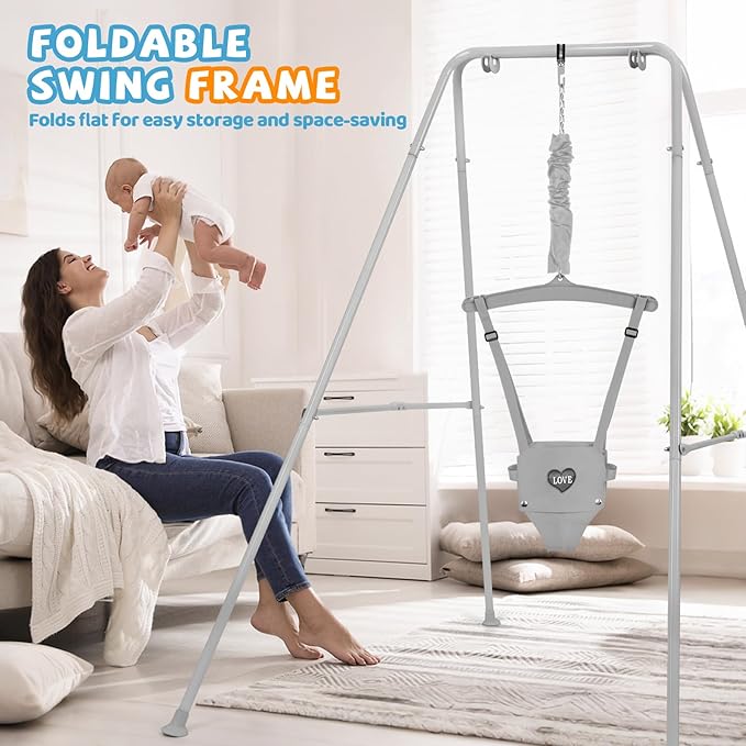 Baby Jumper with Stand, Infant Jumper for Indoor/Outdoor Play, Jumper for Baby 6-24 Months, Baby Jumpers and Bouncers with Adjustable Chain, Easy to Assemble & Store (Grey)